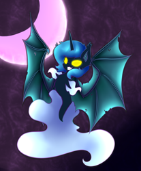 Size: 942x1136 | Tagged: safe, artist:alazak, derpibooru import, princess luna, alicorn, bat pony, hybrid, pony, sea pony, bat ponified, bat wings, blue mane, female, filly, fins, fish tail, glowing eyes, golden eyes, grin, lunabat, moon, night, race swap, seaponified, seapony luna, sky, smiling, solo, species swap, spread wings, tail, wings, woona, younger