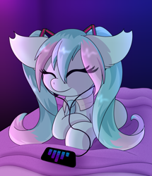 Size: 2817x3280 | Tagged: safe, artist:windykirin, derpibooru import, earth pony, pony, anime, bed, earbuds, eyes closed, female, hatsune miku, listening to music, lying down, on bed, phone, ponified, prone, solo