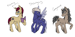 Size: 2500x1237 | Tagged: safe, artist:smilesupsidedown, derpibooru import, oc, oc only, earth pony, pegasus, unicorn, book, earth pony oc, glasses, hoof hold, horn, male, pegasus oc, raised hoof, raised leg, simple background, stallion, transparent background, two toned wings, unicorn oc, wings