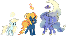 Size: 3274x1832 | Tagged: safe, artist:smilesupsidedown, derpibooru import, oc, oc only, alicorn, pegasus, pony, unicorn, alicorn oc, ethereal mane, eye scar, eyes closed, horn, pegasus oc, scar, simple background, starry mane, transparent background, unicorn oc, wings