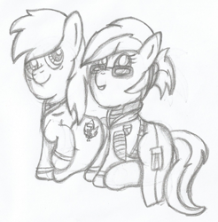 Size: 1397x1419 | Tagged: safe, artist:pegasski, derpibooru import, oc, oc only, earth pony, pony, clothes, duo, earth pony oc, eyelashes, glasses, grayscale, lineart, looking up, monochrome, traditional art