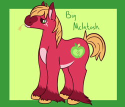 Size: 1750x1500 | Tagged: safe, artist:misskanabelle, derpibooru import, big macintosh, earth pony, pony, abstract background, freckles, hoof fluff, male, redesign, signature, solo, stallion, straw in mouth, unshorn fetlocks