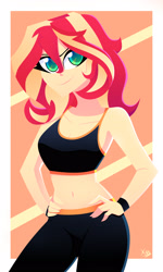 Size: 1830x3048 | Tagged: safe, artist:xan-gelx, sunset shimmer, equestria girls, belly button, breasts, cleavage, clothes, female, hand on hip, high res, looking at you, pants, solo