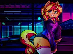 Size: 4096x3047 | Tagged: safe, artist:canvymamamoo, sunset shimmer, semi-anthro, unicorn, bipedal, chest fluff, choker, clothes, ear fluff, ears, female, grin, hoodie, looking at you, mare, retrowave, smiling, solo, stockings, thigh highs, unshorn fetlocks