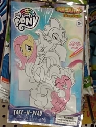 Size: 3120x4160 | Tagged: safe, fluttershy, pinkie pie, spike, dragon, earth pony, pegasus, pony, colored, irl, merchandise, my little pony logo, package, photo, pop out! take-n-play, warning