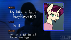 Size: 1920x1080 | Tagged: safe, artist:pinkberry, artist:speedosausage, edit, oc, oc only, oc:mulberry merlot, pony, unicorn, female, implied foalcon, mare, mulberry is a foalslut, text, to catch a predator