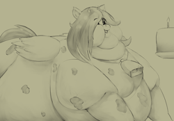 Size: 2086x1451 | Tagged: safe, artist:lupin quill, derpibooru import, oc, oc only, oc:reia hope, cow, cow pony, original species, bell, bell collar, belly, big belly, bingo wings, birthday cake, butt, cake, candle, chubby cheeks, collar, cow horns, cowbell, double chin, fat, fat fetish, female, fetish, flabby chest, food, grayscale, large butt, monochrome, morbidly obese, multichin, neck roll, obese, open mouth, pegamoo, simple background, smiling, solo, spots