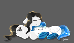 Size: 1651x970 | Tagged: safe, artist:julie25609, derpibooru import, oc, oc:chocolate fudge, oc:winter white, earth pony, pegasus, clothes, cuddling, cute, flower, flower in hair, fluffy, stockings, thigh highs