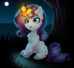 Size: 800x738 | Tagged: safe, artist:lucid-guardian, derpibooru import, rarity, butterfly, insect, pony, unicorn, chest fluff, commission, cute, ear fluff, ears, female, glow, looking at something, mare, moon, night, open mouth, open smile, raribetes, sitting, smiling, solo, tree, unshorn fetlocks