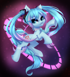 Size: 1000x1103 | Tagged: safe, artist:cabbage-arts, derpibooru import, earth pony, pony, anime, female, grin, hatsune miku, kotobukiya, kotobukiya hatsune miku pony, mare, necktie, ponified, raised hoof, raised leg, smiling, solo
