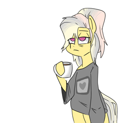 Size: 768x768 | Tagged: safe, artist:smirk, derpibooru import, oc, oc:mutter butter, semi-anthro, clothes, coffee, lidded eyes, messy mane, mug, solo, tired