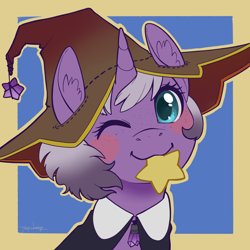 Size: 3000x3000 | Tagged: safe, artist:taytinabelle, derpibooru import, oc, oc only, oc:witching hour, pony, unicorn, avatar, blue background, blushing, bust, cape, clothes, cute, ear fluff, ears, female, freckles, happy, hat, jewelry, looking at you, mare, mouth hold, necklace, one eye closed, simple background, smiling, solo, wink, winking at you, witch hat, yellow background