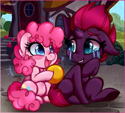 Size: 556x501 | Tagged: safe, artist:esmeia, derpibooru import, fizzlepop berrytwist, pinkie pie, tempest shadow, earth pony, pony, unicorn, ball, blushing, broken horn, crying, cute, detailed background, female, happy, heart, horn, lesbian, shipping, sitting, smiling, tears of joy, tempestpie