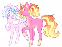 Size: 2035x1545 | Tagged: safe, artist:scarletskitty12, derpibooru import, luster dawn, princess flurry heart, pegasus, pony, unicorn, duo, female, grin, mare, missing cutie mark, missing horn, older, older flurry heart, race swap, simple background, white background