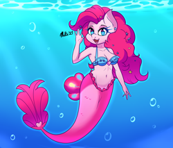 Size: 1700x1450 | Tagged: safe, artist:melliedraws, derpibooru import, pinkie pie, anthro, mermaid, merpony, belly button, bikini, bikini top, clothes, mermaidized, midriff, solo, species swap, swimsuit, underwater