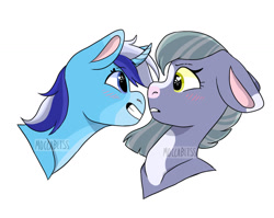 Size: 1280x1020 | Tagged: safe, artist:moccabliss, derpibooru import, limestone pie, minuette, earth pony, pony, unicorn, blushing, bust, crack shipping, ears, female, floppy ears, heart eyes, lesbian, personal space invasion, shipping, simple background, watermark, white background, wingding eyes