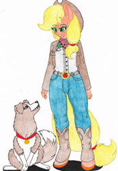 Size: 1280x1847 | Tagged: safe, artist:firestormcabbit, derpibooru import, applejack, winona, anthro, dog, earth pony, unguligrade anthro, belt, belt buckle, boots, clothes, cowboy boots, cowboy hat, cowgirl, duo, female, hat, jeans, looking at each other, pants, shoes, simple background, sitting, stetson, traditional art, white background