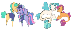 Size: 1280x544 | Tagged: safe, artist:webkore, derpibooru import, scootaloo, snails, terramar, wind sprint, pegasus, pony, seapony (g4), unicorn, female, male, mare, older, older scootaloo, older snails, older terramar, older wind sprit, seaponified, seapony scootaloo, shipping, simple background, species swap, stallion, straight, terraloo, transparent background, windsnails