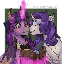 Size: 800x825 | Tagged: safe, artist:dylandonnie, derpibooru import, rarity, twilight sparkle, twilight sparkle (alicorn), alicorn, pony, unicorn, bat wings, blushing, book, bowtie, chest fluff, ear piercing, earring, eyes closed, fangs, female, glowing horn, horn, jewelry, lesbian, mare, one eye closed, piercing, rarilight, shipping, simple background, transparent background, wings