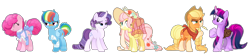 Size: 5394x1175 | Tagged: safe, artist:tsetsera, derpibooru import, applejack, fluttershy, pinkie pie, rainbow dash, rarity, twilight sparkle, unicorn twilight, earth pony, pegasus, pony, unicorn, alternate hairstyle, apron, bag, bandage, bandaid, base used, clothes, female, hat, mane six, mare, neckerchief, saddle bag, simple background, straw in mouth, transparent background