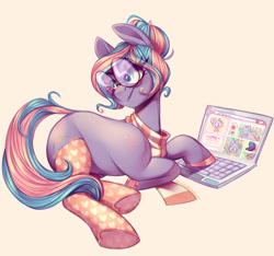 Size: 1280x1199 | Tagged: safe, artist:pastelperyton, derpibooru import, oc, earth pony, pony, clothes, computer, female, glasses, laptop computer, lying down, mare, prone, scarf, simple background, socks, solo