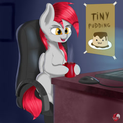 Size: 1280x1280 | Tagged: safe, artist:joaothejohn, derpibooru import, oc, oc:tiny jasmini, coffee, food, keyboard, pudding, solo