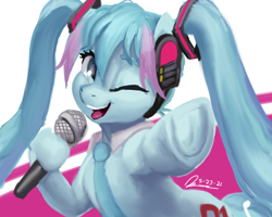 Size: 1280x1024 | Tagged: safe, artist:raphaeldavid, derpibooru import, earth pony, pony, anime, female, frog (hoof), hatsune miku, headphones, hoof hold, kotobukiya, kotobukiya hatsune miku pony, looking at you, mare, microphone, necktie, one eye closed, open mouth, open smile, pointing at you, ponified, smiling, tongue, tongue out, underhoof, vocaloid, wink, winking at you