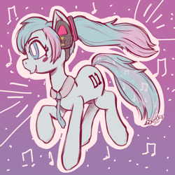Size: 2048x2048 | Tagged: safe, artist:scribleydoodles, derpibooru import, earth pony, pony, anime, female, hatsune miku, kotobukiya, kotobukiya hatsune miku pony, mare, music notes, necktie, ponified, raised hoof, raised leg, solo