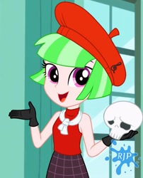 Size: 850x1050 | Tagged: safe, artist:rjp.rammy, derpibooru import, drama letter, watermelody, equestria girls, beret, clothes, female, gloves, hat, open mouth, scarf, skirt, skull, sleeveless, sleeveless sweater, solo, sweater