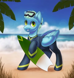 Size: 982x1024 | Tagged: safe, artist:honeyapplecake, derpibooru import, oc, oc:sea glow, pegasus, pony, background, diving goggles, ocean, summer, surfboard, surfing, wetsuit