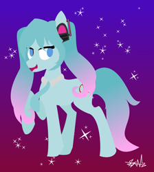 Size: 3241x3612 | Tagged: safe, artist:samsailz, derpibooru import, earth pony, pony, anime, gradient, gradient background, hatsune miku, headphone, kotobukiya, kotobukiya hatsune miku pony, lineless, necktie, ponified, ponytail, smiling, solo