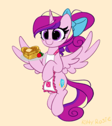 Size: 533x600 | Tagged: safe, artist:kittyrosie, artist:szafir87, derpibooru import, princess cadance, alicorn, pony, alternate hairstyle, animated, apron, blushing, bow, clothes, cute, cutedance, flying, food, gif, hair bow, ponytail, simple background, smiling, strawberry, szafir87 is trying to murder us, waffle