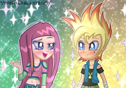 Size: 1163x815 | Tagged: safe, artist:diamond-bases, artist:lumi-infinite64, artist:prismagalaxy514, derpibooru import, human, equestria girls, barely eqg related, base used, cartoon network, clothes, crossover, equestria girls style, equestria girls-ified, johnny test, looking at each other, open mouth, roxy (winx club), sparkly, sparkly background, winx club