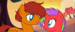 Size: 1183x512 | Tagged: safe, artist:sofk, derpibooru import, oc, oc only, oc:lucky, oc:starbrighté, pegasus, pony, unicorn, animated, apple, apple tree, boop, colored pupils, curved horn, cute, eye contact, eyes closed, female, gif, heart, horn, looking at each other, male, mare, noseboop, nuzzling, smiling, stallion, straight, sunset, tree