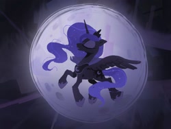 Size: 2224x1668 | Tagged: safe, artist:frozenspots, derpibooru import, princess luna, alicorn, pony, eyes closed, female, flying, full moon, mare, moon, profile, solo, spread wings, wings