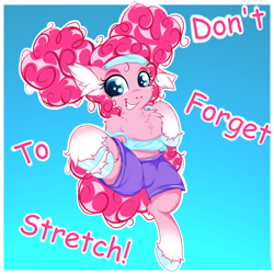 Size: 2500x2500 | Tagged: safe, artist:rurihal, derpibooru import, pinkie pie, earth pony, pony, alternate hairstyle, cheerleader pinkie, chest fluff, clothes, ear fluff, ears, female, gradient background, grin, hoof fluff, mare, pinktails pie, smiling, stretching, white outline