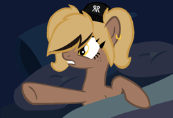 Size: 902x618 | Tagged: safe, artist:rochelle2014, derpibooru import, oc, oc only, oc:rochelle, earth pony, pony, ear piercing, earring, earth pony oc, eyelashes, hair over eyes, hat, jewelry, piercing, raised hoof, raised leg, solo, underhoof