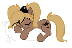 Size: 874x582 | Tagged: safe, artist:rochelle2014, derpibooru import, oc, oc only, oc:rochelle, earth pony, pony, ear piercing, earring, earth pony oc, eyelashes, hat, jewelry, piercing, pillow, simple background, sleeping, smiling, solo, white background