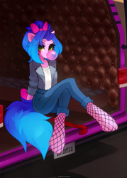 Size: 1400x1950 | Tagged: safe, artist:zlatavector, derpibooru import, oc, oc only, oc:neon synthwave, earth pony, pony, car, clothes, commission, female, food, gum, mare, solo