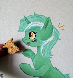 Size: 3120x3357 | Tagged: safe, artist:meqiopeach, derpibooru import, lyra heartstrings, pony, unicorn, blushing, cookie, cute, fanart, food, hand, hoof hold, irl, lyrabetes, paint, painting, photo, real life background, realistic, solo, surprised