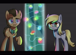 Size: 4096x3001 | Tagged: safe, artist:opal_radiance, derpibooru import, derpy hooves, doctor whooves, earth pony, pegasus, pony, slice of life (episode), container, duo, female, fireworks, glow, high res, male, mare, scene interpretation, smiling, stallion