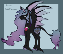 Size: 1750x1500 | Tagged: safe, artist:misskanabelle, derpibooru import, oc, oc only, oc:persephoneia, demon, demon pony, pony, abstract background, ethereal mane, ethereal wings, female, hoof fluff, horns, hybrid wings, leonine tail, mare, signature, solo, starry mane, wings