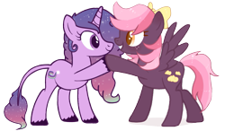 Size: 1075x628 | Tagged: safe, artist:floofyhoof, artist:misskanabelle, derpibooru import, oc, oc only, oc:aurora star, oc:dusky sky, pegasus, pony, unicorn, collaboration, base used, duo, ethereal mane, female, hair over one eye, hoofbump, horn, leonine tail, mare, pegasus oc, simple background, starry mane, transparent background, unicorn oc, unshorn fetlocks