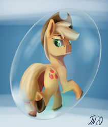 Size: 1600x1887 | Tagged: safe, artist:tenebrisnoctus, derpibooru import, part of a set, applejack, earth pony, pony, applejack's hat, bubble, clothes, cloven hooves, cowboy hat, crepuscular rays, doodle, female, green eyes, hat, in bubble, looking back, ocean, request, signature, solo, tail, underhoof, underwater, unshorn fetlocks, water