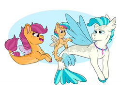 Size: 1280x964 | Tagged: safe, artist:moccabliss, derpibooru import, scootaloo, terramar, oc, hybrid, pegasus, pony, seapony (g4), clothes, female, fin wings, fins, fish tail, interspecies offspring, jewelry, looking at each other, male, necklace, offspring, open mouth, parent:scootaloo, parent:terramar, parents:terraloo, seaponified, seapony scootaloo, see-through, shipping, simple background, smiling, species swap, straight, tail, terraloo, wings