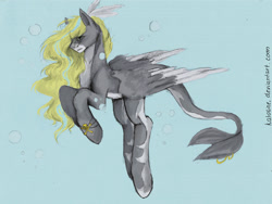 Size: 2827x2122 | Tagged: safe, artist:katoline, derpibooru import, oc, oc only, hybrid, merpony, pegasus, pony, bubble, fish tail, flowing mane, solo, traditional art, underwater, water, wings