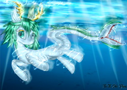 Size: 1754x1240 | Tagged: safe, artist:blackheart0001, derpibooru import, oc, oc only, sea pony, colored pupils, crepuscular rays, custom, electrified, fangs, fish tail, green eyes, irl, ocean, photo, smiling, solo, sunlight, swimming, tail, toy, underwater, water