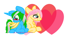 Size: 4864x2752 | Tagged: safe, artist:judi magic galaxy, derpibooru import, fluttershy, oc, oc:igames, shipping, shy