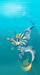 Size: 1792x3347 | Tagged: safe, artist:adailey, derpibooru import, oc, fish, seapony (g4), bubble, crepuscular rays, fish tail, golden eyes, looking at each other, ocean, smiling, solo, sunlight, tail, underwater, water, wings