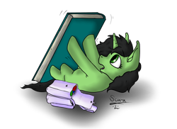 Size: 3118x2267 | Tagged: safe, artist:scoundrel scaramouche, derpibooru import, oc, oc:green, pony, unicorn, fanfic:trust once lost, book, book bag, female, filly, foal, illustration, simple background, squish, story, story included, transparent background